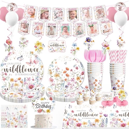Yingoto 213pcs Wildflower Birthday Decorations with Banner, Plates, Cups, Tablecloth, Hanging Swirls Our Little Wildflower is Turning One, 1st Birthday Decorations Girl for 25 Guests