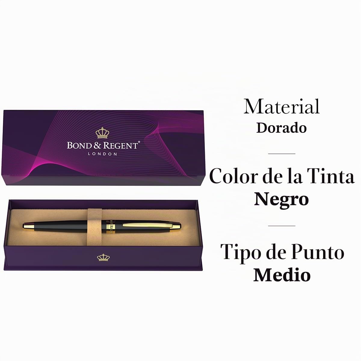 Bond & Regent Bolígrafo de punta redonda de grado de lujo certificado en negro brillante y oro de 24 quilates, bonito regalo para hombres y mujeres