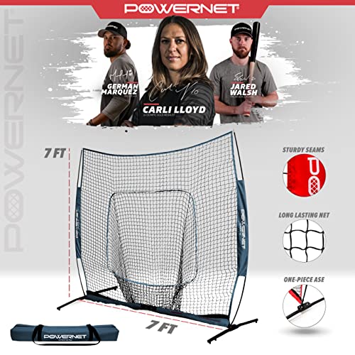 Powernet 7X7 Pro Net With One Piece Frame | Baseball Softball Practice | Pitching Hitting Training Aid | Portable Backstop | Bow Style | Weighted Base | 7 X 7 (49 Sqft) (Navy) #TOP1