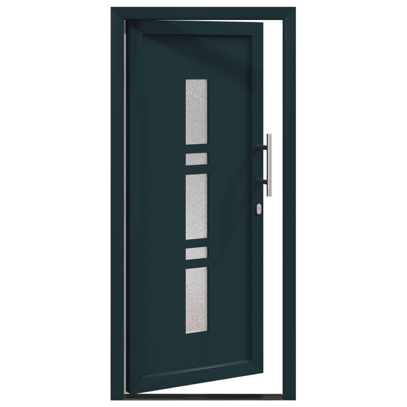 Drzwi przednie antracytowe PCW 98 x 208 cm z wkładką szklaną i uszczelką, łącznie z zamkiem, okuciem, ościeżnicą, progiem, idealne jako drzwi wejściowe, drzwi wejściowe