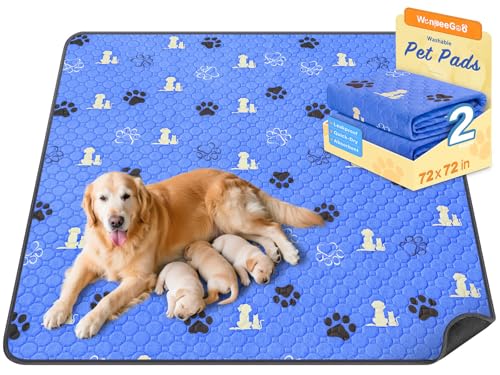 Image of WanpeeGoo Washable Pee Pads for Dogs, 1 Pack Absorbent Reusable Training Dog Pads Pet Puppy Pads, Non-Slip Potty Pads for Whelping, Playpen, Crate, Bed, Blue, 72 inchx72 inch