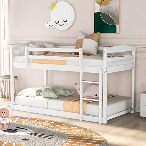 Bunk Beds Twin Over Twin Size, Wood Bunk Beds Low Profile for Kids, Ladders can be Put on Both Side White