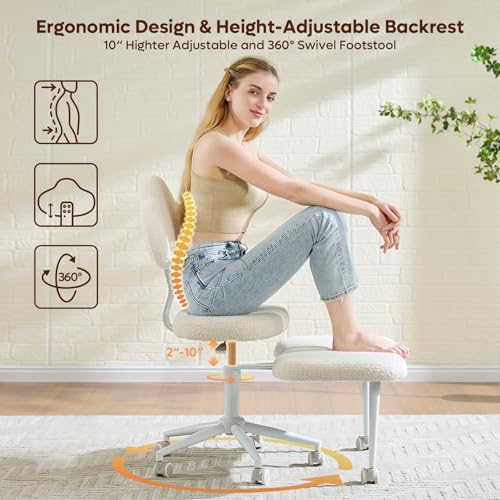 Image of Pinmoco Cross Legged Office Chair with Wheels, Meditation Chair, ADHD Chair for Adults, Wider Height Adjustable Backrest and Seat, Yoga Office Chair, Teddy Fabric, Off White