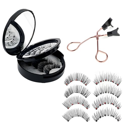 4 Pairs Natural Magnetic Eyelashes with Black Box and Eyelash Curler Set, No Glue Reusable Magnetic Eyelashes without Eyeliner, 3D Waterproof Magnetic Lashes for Makeup, Eyelashes Extension