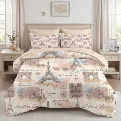 WeCozy 7 Pcs Full Size Comforter Set with 2 Pillowcases & 2 Shams Paris Vintage French Bedding Set for Kids and Adults Rose Antique Bed in a Bag with Flat Sheet and Fitted Sheet