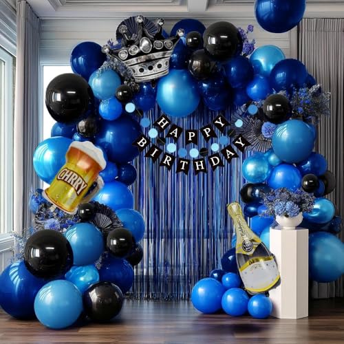 Blue Black Balloon Garland, Double Stuffed Dark Royal Navy Blue Balloons Fringe Curtains, Foil Balloons, Birthday Banner Decorations for Men Birthday Baby Shower Father's Day Graduation Party Supplies