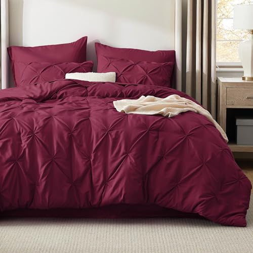 Image of Bedsure Queen Comforter Set Burgundy - Bed in a Bag Queen Size Bedding 7 Pieces, GentleSoft Pintuck Bed Set Gift for Family, All Season Down Alternative Comforter with Sheets, Pillowcases & Shams