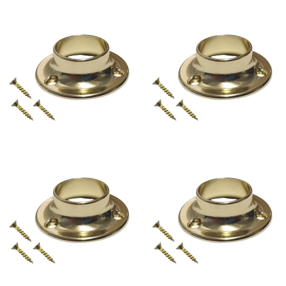 Curtain Pole Holders Polished Brass Heavy Duty Curtain Wardrobe Rod Pole Holder Socket for Up to 19mm Diameter Flange Wall Mount Rod Pole Holder with Fixing Screws Pack of 4