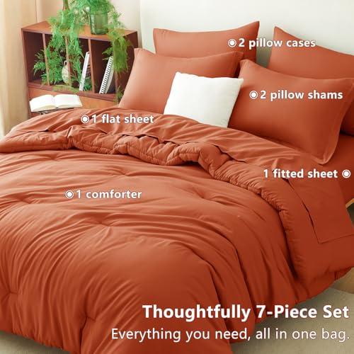 CozyLux King Comforter Set Burnt Orange, 7 Pieces Bed in a Bag Terracotta Comforter Set with Sheets, All Season Boho 7PC Bed Sets with Comforter, Fitted Sheet, Flat Sheet, Pillow Shams and Pillowcases