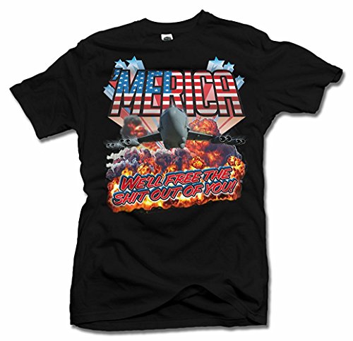 AM T-Shirts 'Merica We'll Free The SHT Out of You Funny America T-Shirt Men's Tee (6.1oz)