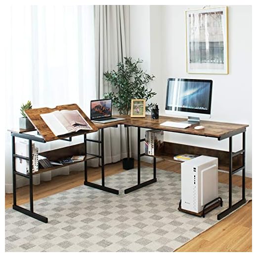 COSTWAY Escritorio Esquinero 170+150cm, Escritorio L con 2 Formas Divididas, Mesa de Dibujo Inclinable, Mesa Gaming L Grande con 2 Estantes Inferiores y Soporte (Nogal)