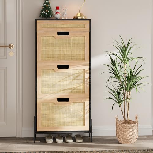 Image of Natural Rattan Shoe Cabinet with 3 Flip Doors and Drawer, Freestanding Shoe Storage Organizer with Adjustable Shelves for Entryway Hallway,Black Oak Color