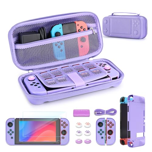 Younik Switch Case for Switch 2017, 14 in 1 Accesseries Kit with Switch Carrying Case, Screeen Protector, Protective Covers, Thumb Grips Caps, Game Card Case and Type C cable (Purple, Button Pattern)