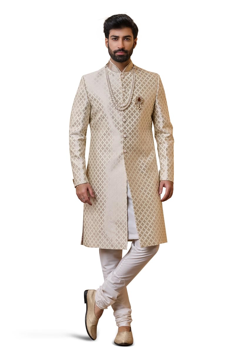 Ivory Brocade Sherwani For Men-image-31