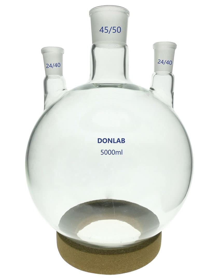 CD5015 Glass 5000mL 3-Neck Round Bottom Boiling Flask Heavy Wall with 45/50 Center Joint and 24/40 Standard Taper Side Joints