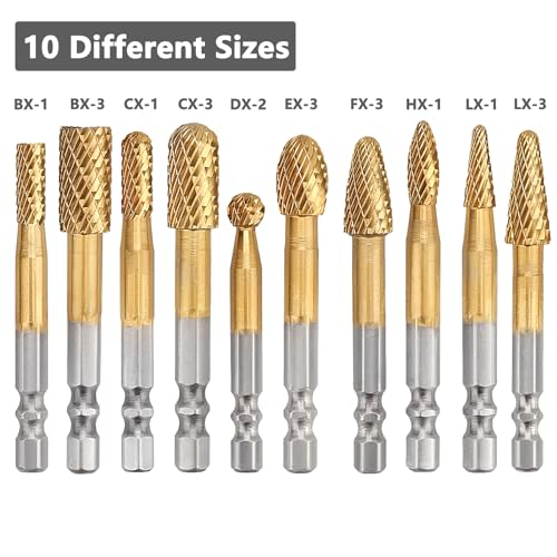 Image of 10 Pieces Set Carbide Burr Set with 1 /4 inch Hex Shank,Double Cut Tungsten Carbide Rotary Burr Set for DIY Grinder Metal Wood Carving Engraving Polishing Drilling Grinding Milling Cutting
