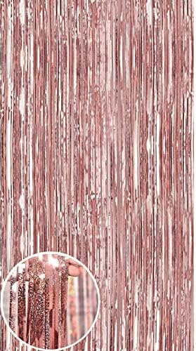 NAVK Party Decoration Rose Glod Tinsel Foil Fringe Curtain, Sparkle Metallic Streamers for Birthday Party Wedding Backdrop-1x2.5m