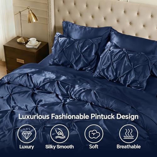 Image of BEDELITE Satin Comforter Set King Size, 7 Pieces Pintuck Bed in A Bag with Comforter, Flat Sheet, Fitted Sheet, Pillowcases, Shams, Soft Cozy Similar to Silk Bed Set for All Seasons (Navy)