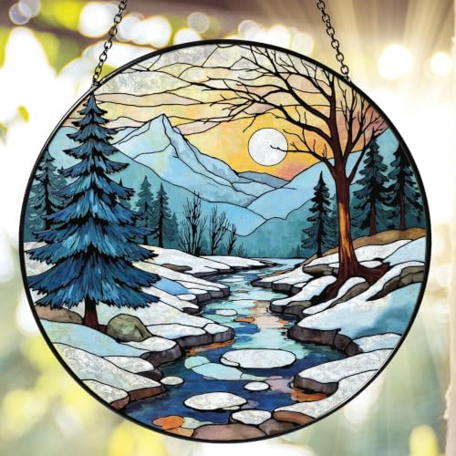 RVEAFA Pine Tree Winter Stained Glass Suncatcher