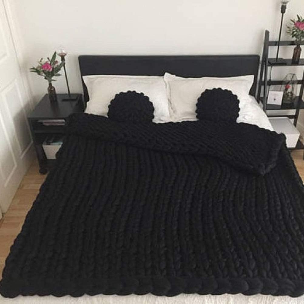 DIRUNEN Chunky Knit Blanket Handmade by Soft Knitting Throw Bed Bedroom Decor Bulky Sofa Black 40"×79"