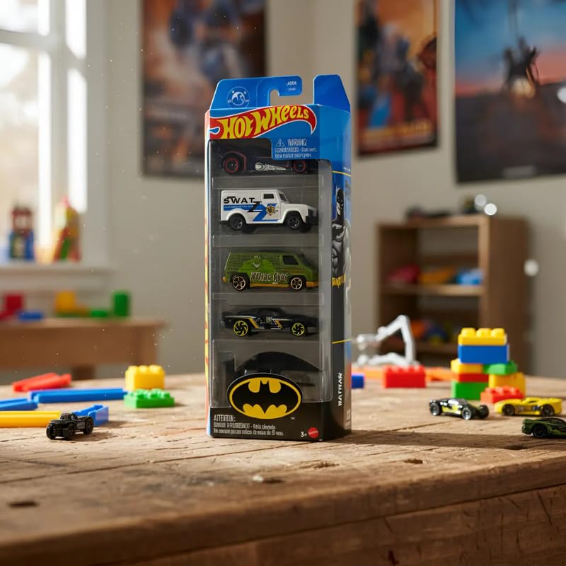 Image of Hot Wheels Car 2026 Batman Pack of 5 (Batmobile, Batplane, BLVD Bruiser, 70s Van /Fourgonnette, Armored Truck) Multi - Color