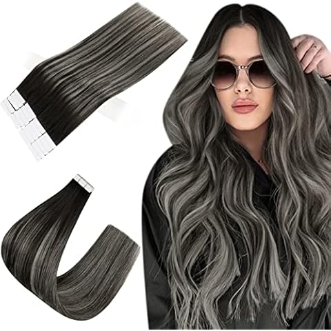 Easyouth Human Tape in Hair Extensions Black to Silver Balayage Hair Tape in Extensions Ombre Black Tape in Human Hair Extensions Real Hair 20 Inch 50g 20Pcs Cover