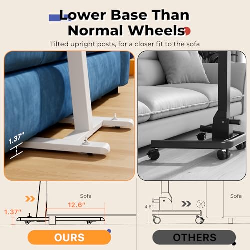 Image of JOY worker Low Height Small Mobile Standing Desk for Couch, Height Adjustable TV Tray Table with 90 Foldable MDF Desktop, Portable Laptop Desk with Low Base & Lockable Hidden Casters, White