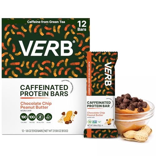 Verb Energy - Caffeinated Protein Bars Chocolate Chip Peanut Butter 10g Plant Based Protein Bars High Protein - Vegan Snack - Gluten Free Breakfast Snack with Organic Green Tea 51g (Pack of 12)
