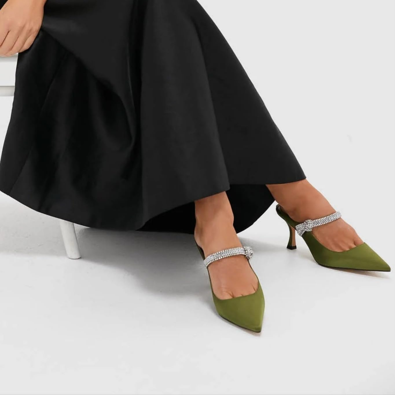 Heeled Mules for Women Closed Pointed Toe Rhinestone Pumps Kitten Heels Slip on Comfortable Dressy Party Wedding