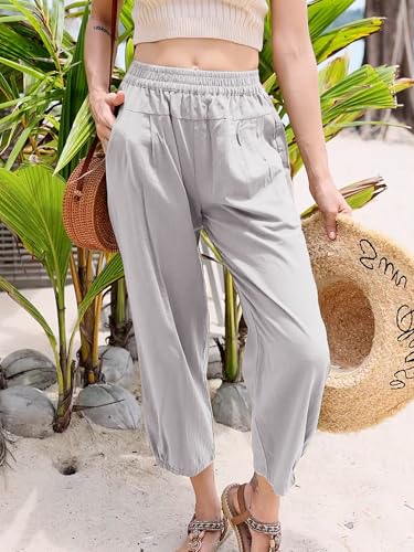 Les umes Women's Cropped Pants Cotton High Waist Wide Leg Capris Casual Loose Harem Pants Trousers with Pockets2