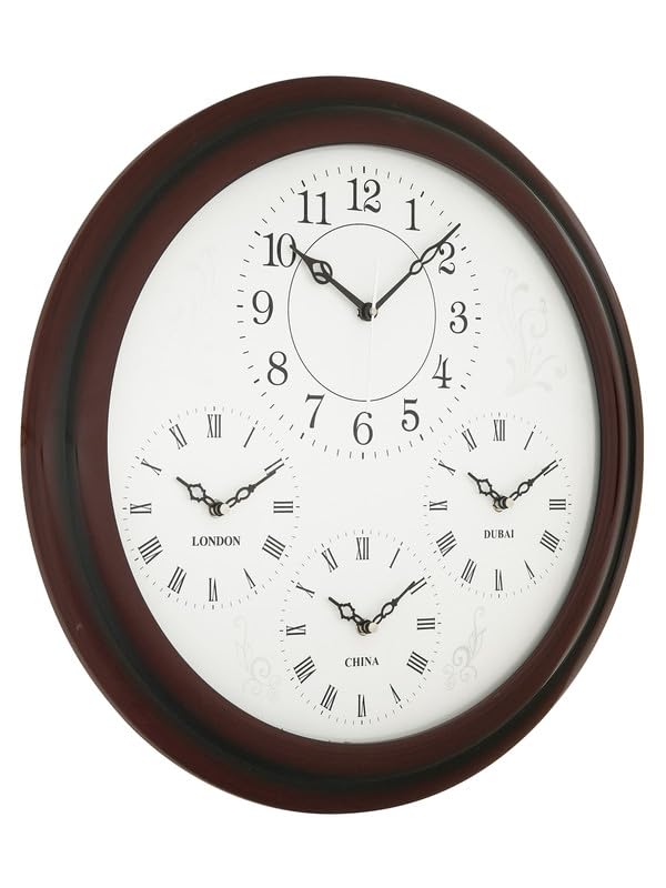 Image of CHRONIKLE Beautiful White Dial Round Wooden World Wall Clock for Home Office Decor, Brown, 20x20 Inch