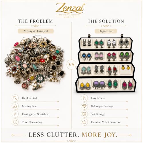 Image of Zenzai 16 Pairs Oxidized Earrings Set for Women - Jhumka Chandbali Earrings Combo with Foldable Velvet Jewelry Box | Ethnic Fashion Earrings Gift Set for Girls