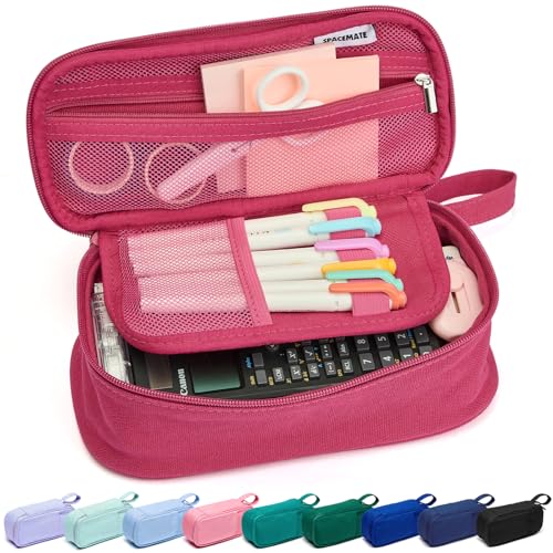 Image of SPACEMATE Large Pencil Case Pouch, Zipper Pencil Box for Kids, Girls & Boys | 1800mL Big Capacity, Heavy-Duty Canvas, School Supplies Bag, Pen Organizer, Cute Preppy Aesthetic, Dark Pink