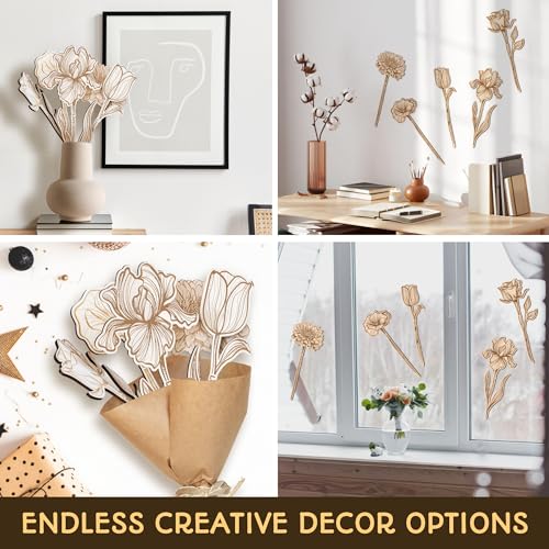 Image of WOODAMORE Wooden Flowers Bouquets - Wood Flowers with Stems, Unfinished Wooden Flower Cutouts Birthday Gifts for Her, Laser Cut Wood Flower Bouquet Wedding, Christmas, Birthday Decoration