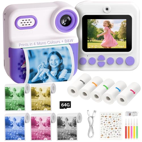 Kids Instant Print Camera – 5 Mono Colour & B&W Printing, No Ink Thermal Technology, 64GB Included, 48MP Dual Lens, 1080P HD, Creative Gift for Girls & Boys Age 3–12 (Purple)