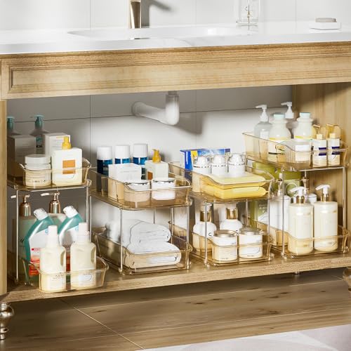 Image of Delamu 2-Tier Under Sink Organizers and Storage, Multi-Purpose Stackable Bathroom Cabinet organizers, Pull Out Kitchen Pantry Organization and Storage with Dividers(4 Pack, Amber)