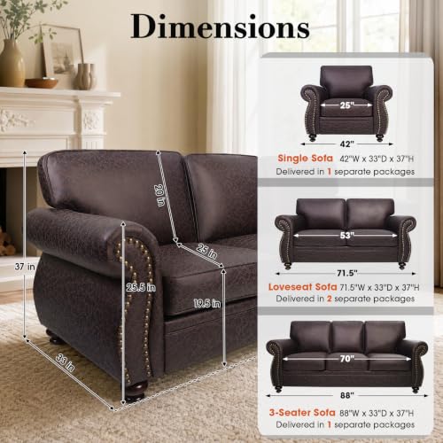Image of Couchus 88 inch W Sofa Couches with Nailhead Trim, Mid-Century Vintage Faux Leather 3-Seater Sofa, Upholstered Couch for Living Room (Brown, 3-Seater)