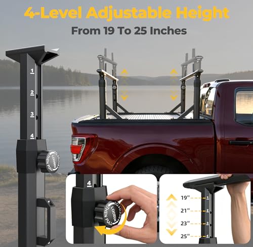 Image of TRUMGETA Adjustable Aluminum Truck Ladder Rack Fit for F150 Silverado Ram Sierra Compatible with T-Slot Tonneau Covers, No Drill Installation, Heavy Duty 1100 LBS, Truck Bed Rack for Ladders, Kayaks