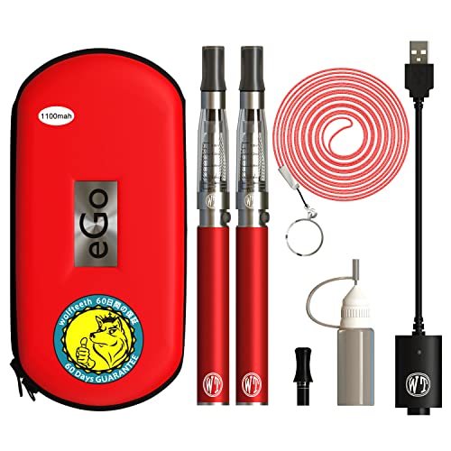 WOLFTEETH 2 Pack CE4 E Cigarette Starter Kit | Rechargeable 1100mAh | CE4 Atomizer 1.6ml Liquid Refillable | Electronic Cigarettes Vaporiser Case Set | No E Liquid No Nicotine 1002(Red)