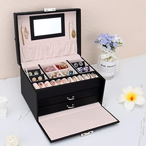 Jewellery Box Organiser, 3 Layers PU Leather Jewelry Storage Case with Mirror and Lock, Lockable Jewellery Organiser with 2 Drawers for Rings, Bracelets, Earrings, Black