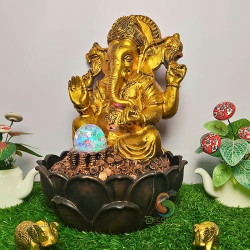Image of Golden Ganesha Decorative Table Top Water Fountain for Home Decor /Office /Indoor & Outdoor /Garden /Puja Room /Vaastu with Multicolor LED Light & Adjustable Water Pump (Big Golden Ganesha D-027)