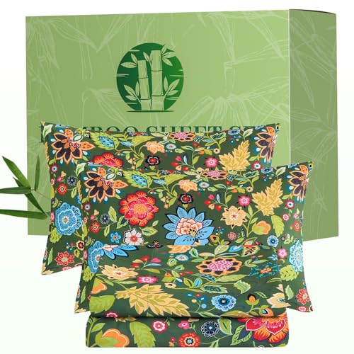 Image of Bedlifes Extra Deep Pocket 18-24 inch King 4-Piece Sheet Set - Cooling Sheets Blend Rayon Derived from Bamboo Soft & Breathable Floral Dark Green