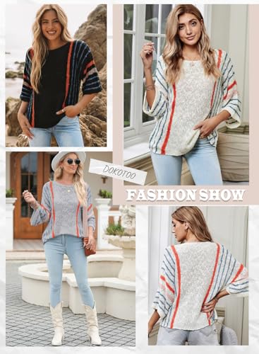 Image of Dokotoo Womens 2026 Spring Summer Casual Crewneck 3 /4 Sleeve Striped Lightweight Knit Trendy Boho Tops Pullover Sweaters