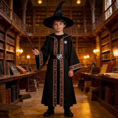 Disfraz de mago para niños con bata negra y accesorios miniatura 6