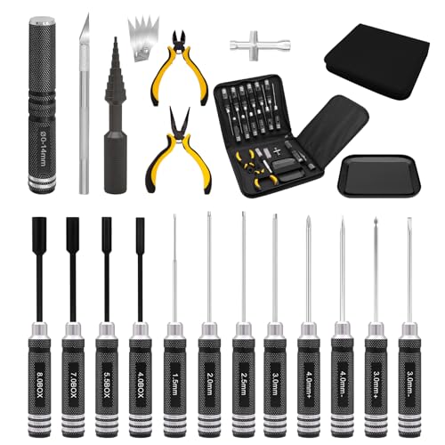 Craznick 19Pcs RC Car Tool Kit Hex Screwdriver Set Nut Drivers Phillips Screwdrivers Plier Wrench Body Reamer for 1/8 1/10 Traxxas Axial Arrma DJI Drone Boat RC Repair Tool Kit Black
