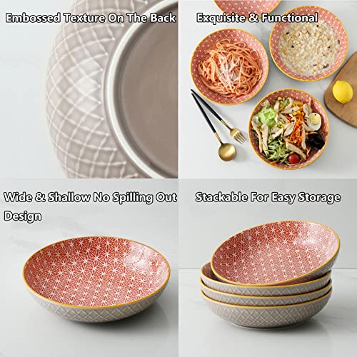 Chubacoo Pasta Bowls Set Of 4: Large Salad Serving Bowls - Wide & Shallow Dinner Bowls - Embossed Deep Plates For Entree, Soup - Big Ceramic Bowl For Kitchen Microwave Safe - 8.5 Inch, 36 Oz (Red) #TOP2