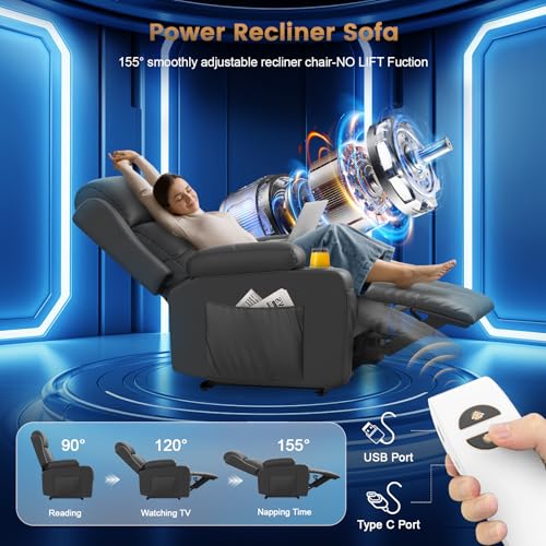Image of Power Recliner Chair, Home Theater Seating with Heat Massage, Reclining Sofa RV Single Chair, Wall Hugger RV Movie Theater Chairs, RV Furniture Sofas with USB, Cup Holders, Pockets for Gaming Room