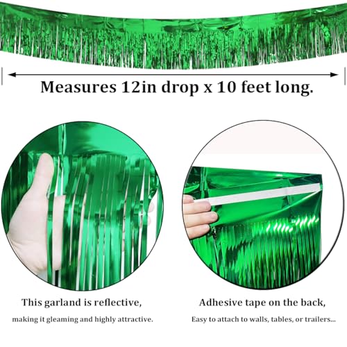 Image of 4 Pack Green Total 40 Feet Foil Fringe Garland Metallic Tinsel Banner Wall Hanging Drapes Parade Float Skirting Decorations for Trailer Mardi Gras Party Birthday Wedding Baby Shower