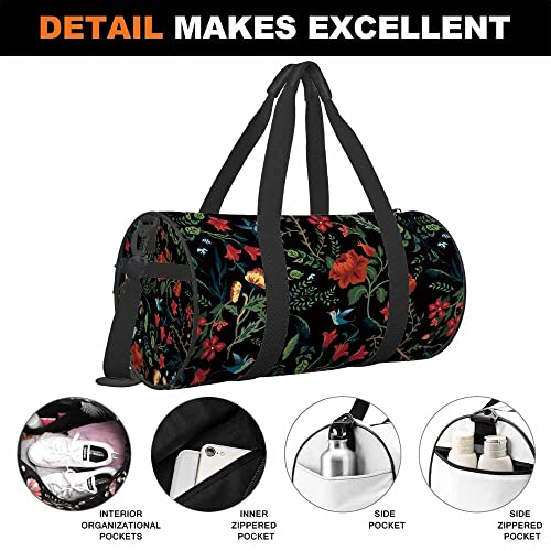 Aoyego Floral Birds Sports Duffle Bag Morning Garden Men Women Weekender Bag For Traveling Tote Gym Bag Shoulder Overnight Bag Black #TOP3