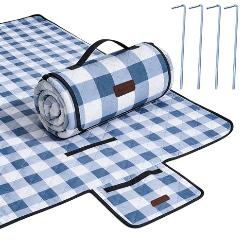 HX&OD Outdoor Picnic Blanket, Extra Large, 80''x60'' Waterproof Foldable Blankets Gingham Picnic Mat for Beach, Camping Grass Lawn Park Accessories Cute Couple Ideas Wedding (Blue, 80”x60”)